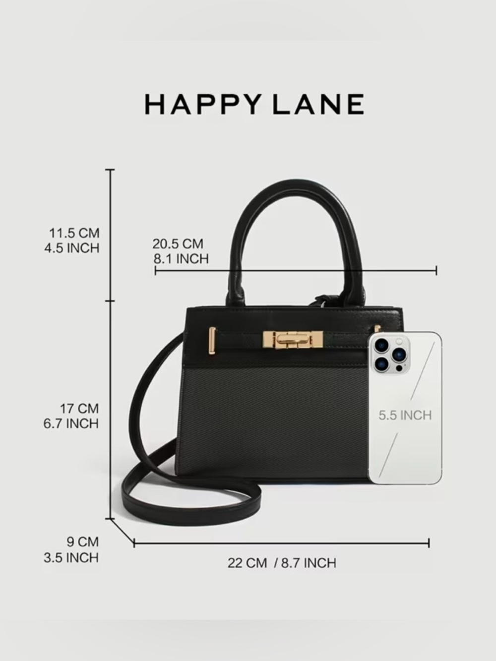 Happy Lane Black Mini Kelly Satchel Crossbody Bag Gold Turn-Lock PU Leather NWT - Picture 4 of 7